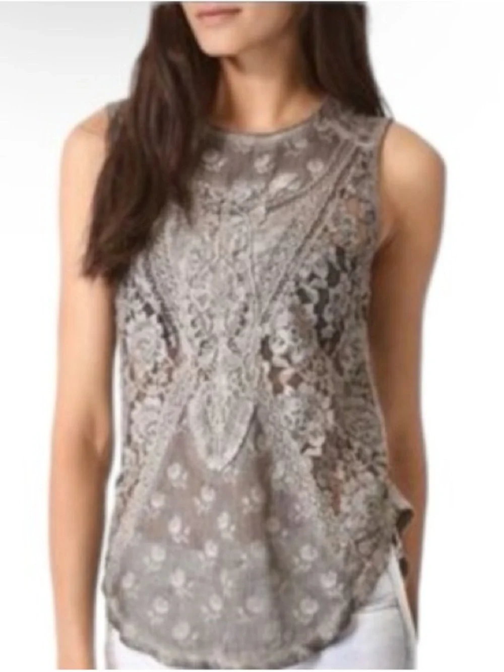 Free People Lace Overlay‎ Sleeveless Tank Top - Dark Gray - Large